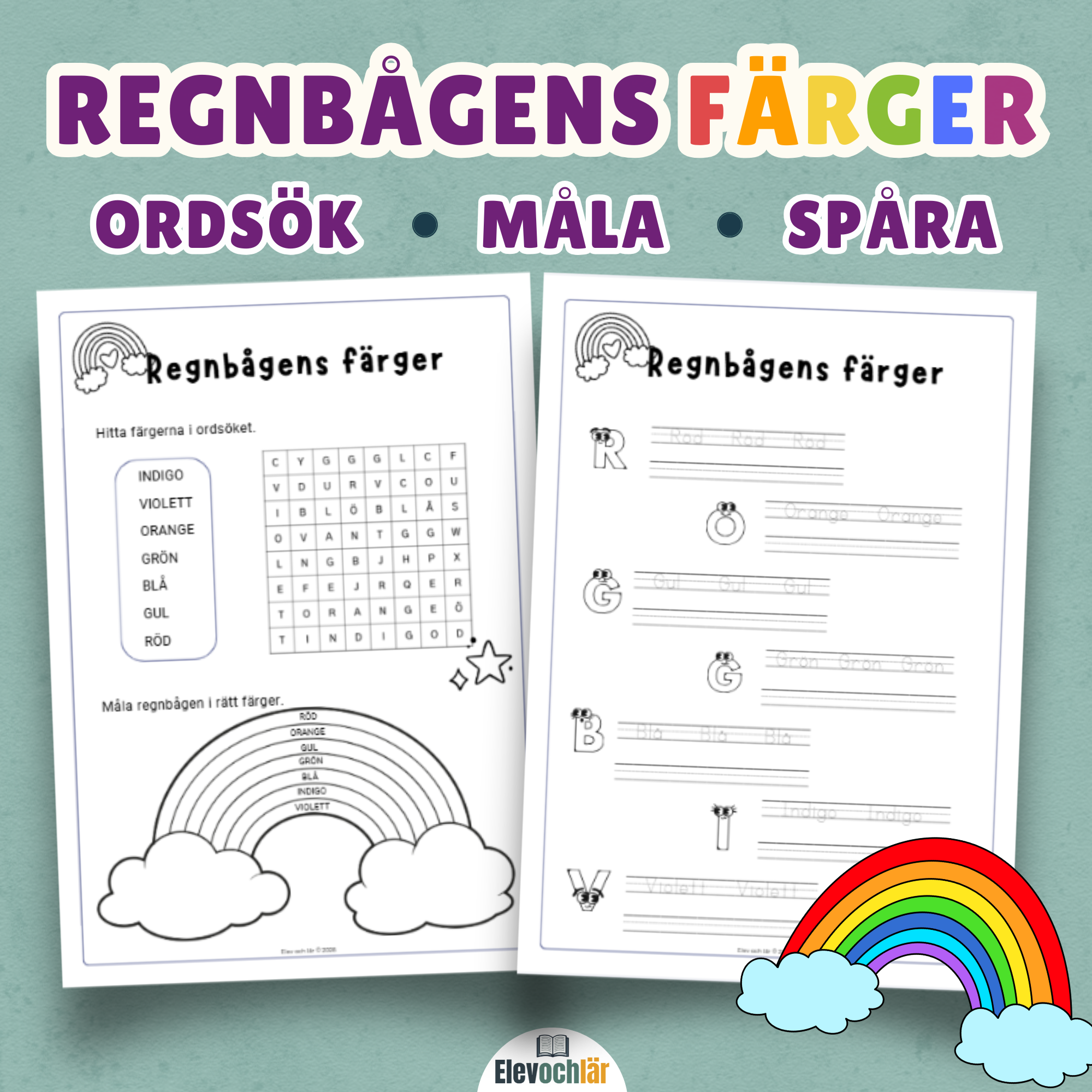 Regnbågens färger - Ordsök, måla och spåra bokstäverna