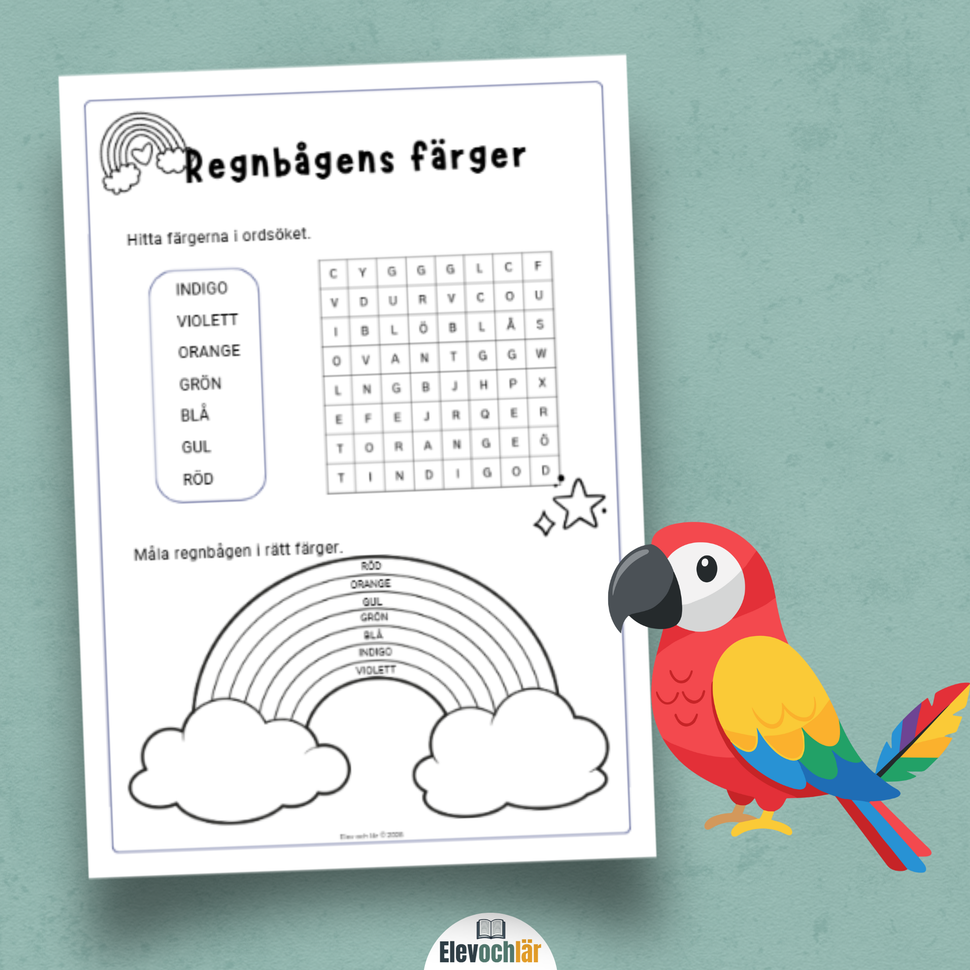 Regnbågens färger - Ordsök, måla och spåra bokstäverna