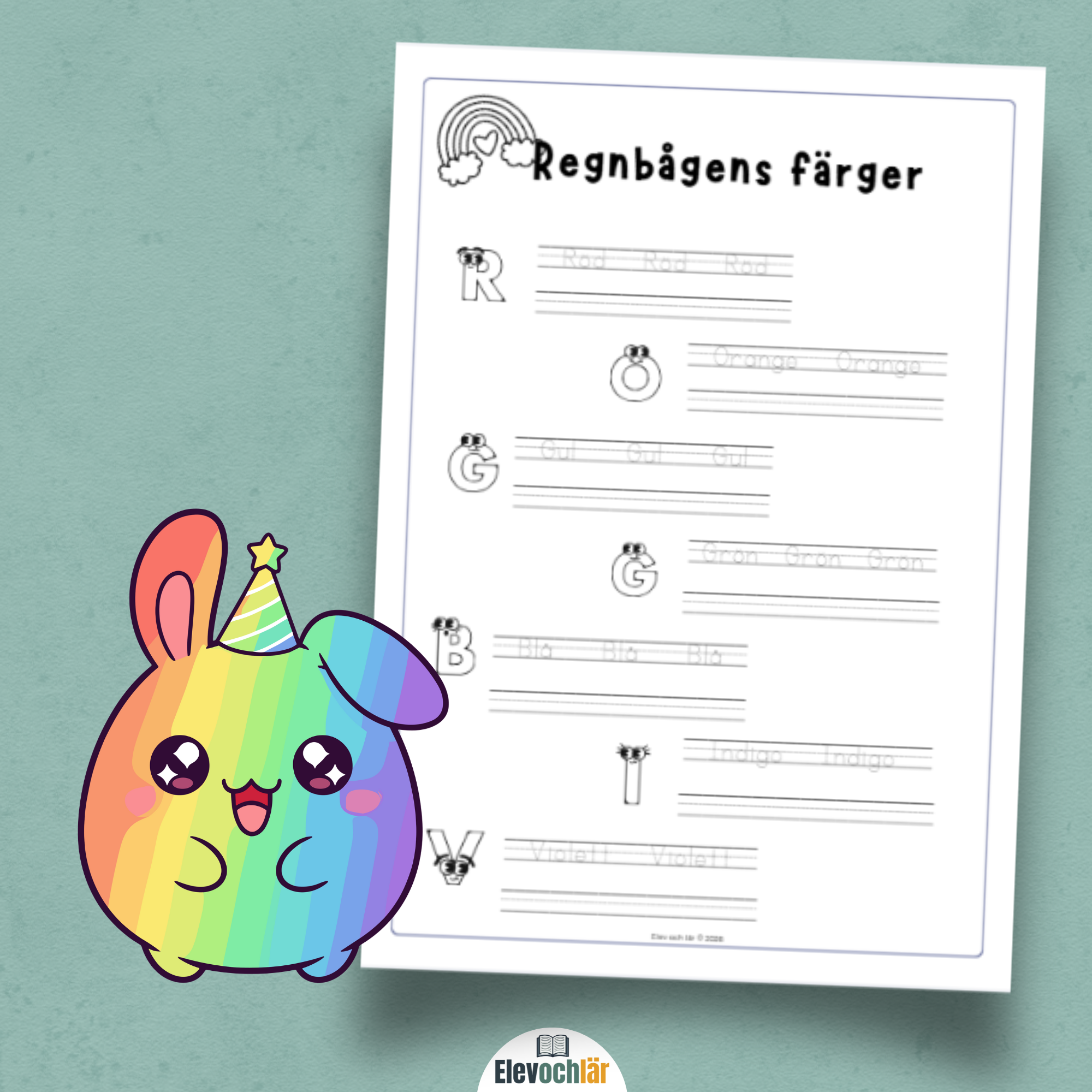 Regnbågens färger - Ordsök, måla och spåra bokstäverna