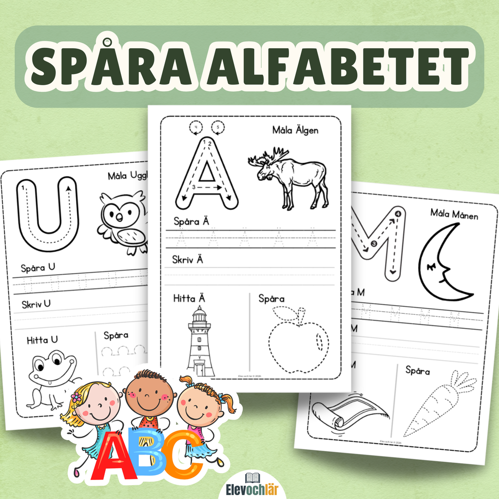 Spåra alfabetet A-Ö. 29 arbetsblad med versaler. Måla, spåra bokstäver, skriv själv, hitta bokstaven.