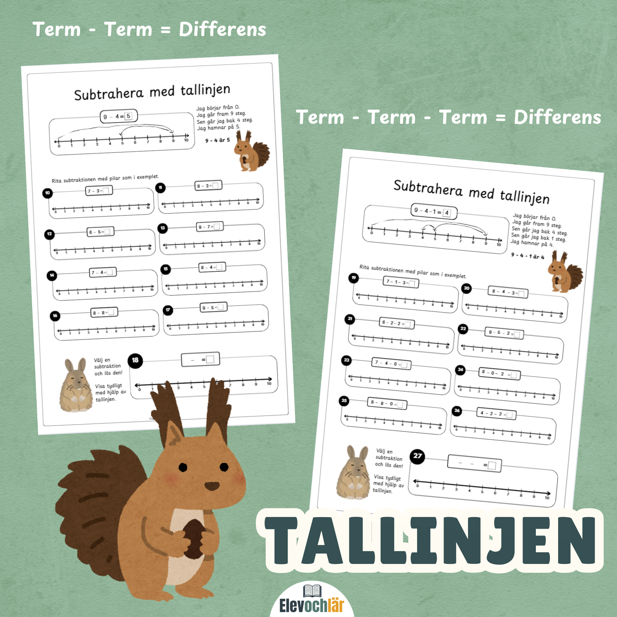 Tallinjen subtraktion - subtrahera med tallinjen två och tre steg.