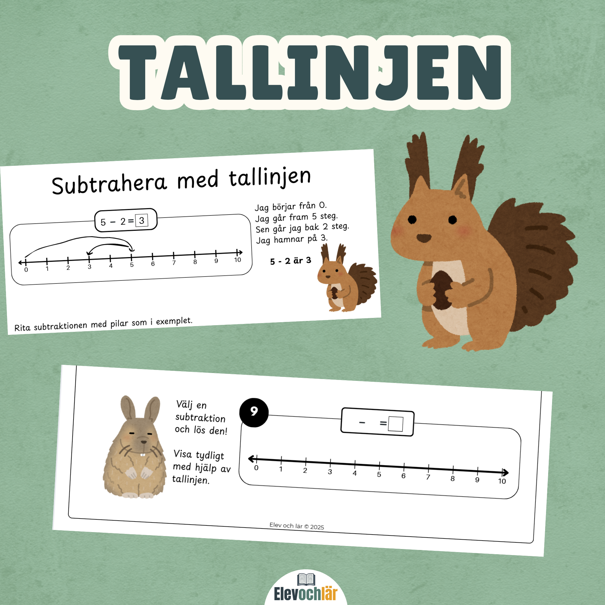 Tallinjen subtraktion - subtrahera med tallinjen två och tre steg.