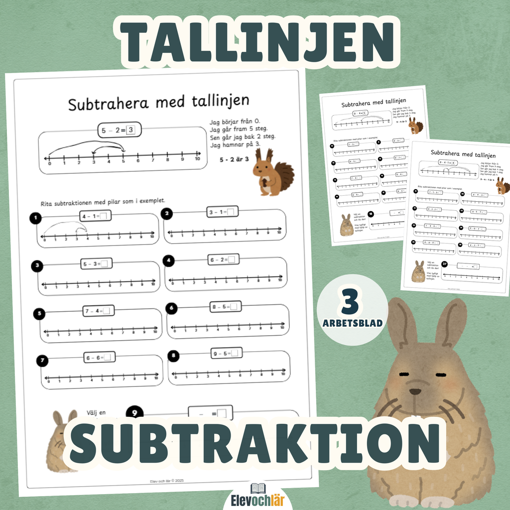 Tallinjen subtraktion - subtrahera med tallinjen två och tre steg.