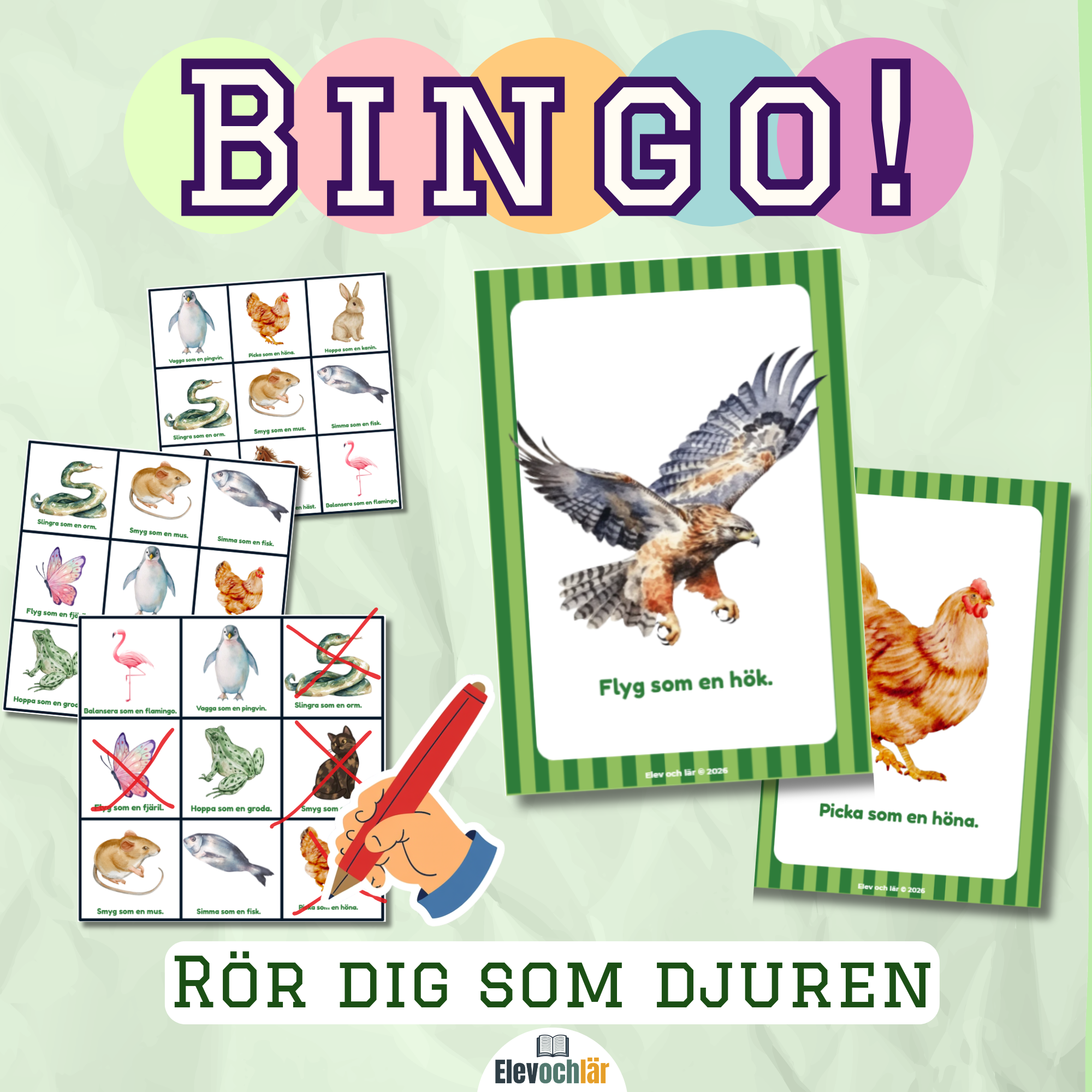 Rörelse-BINGO! Rör dig som djuren.