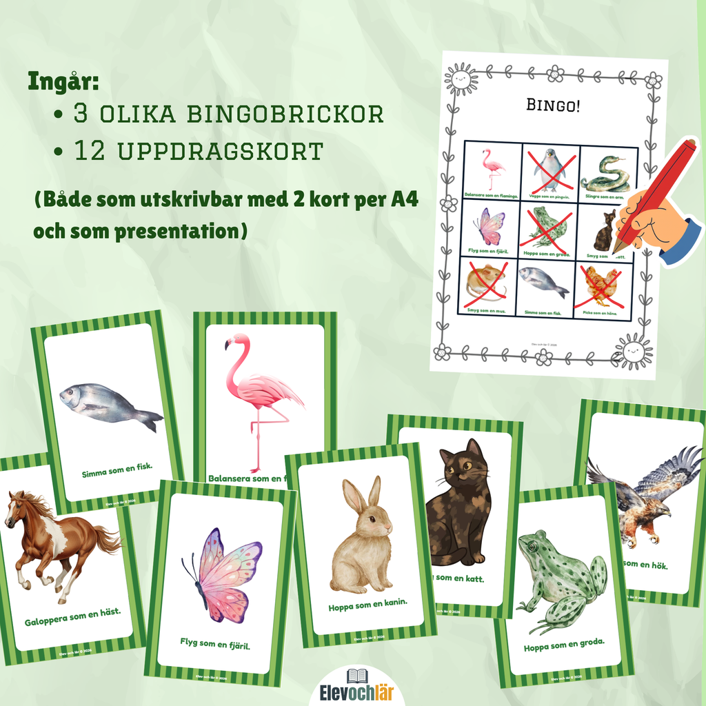 Rörelse-BINGO! Rör dig som djuren.