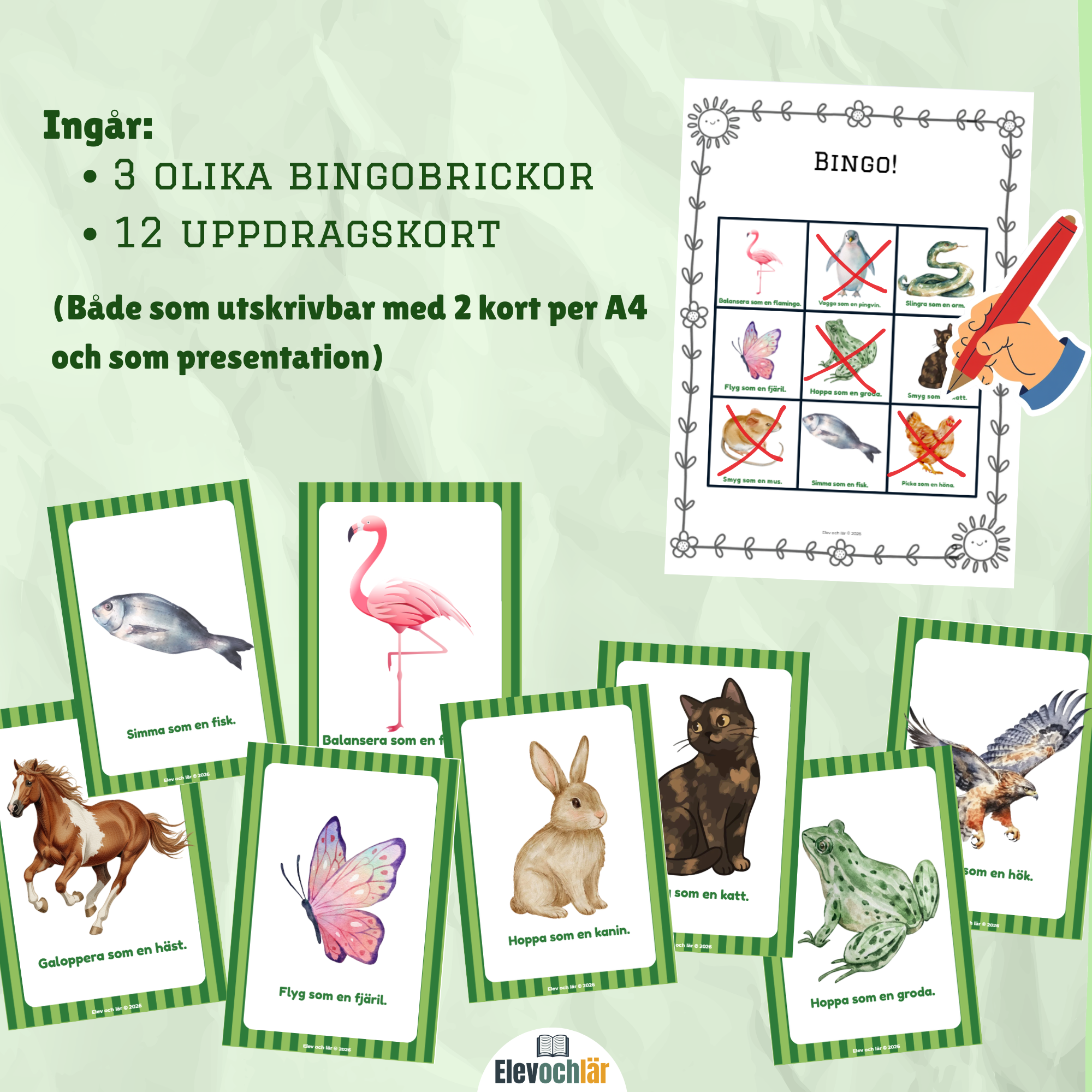 Rörelse-BINGO! Rör dig som djuren.