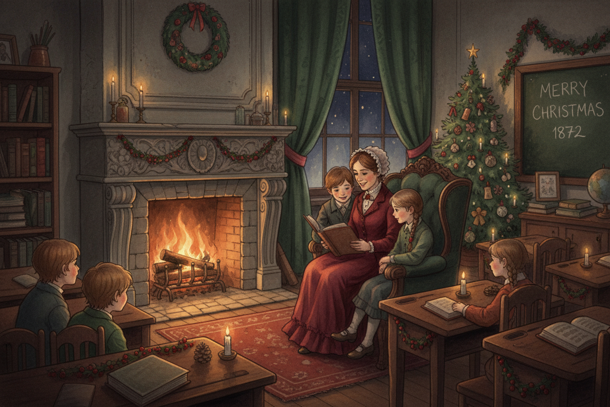 a cozy, darker christmas themed classroom with a fire place, a teacher and two children reading. watercolor illustration. 1800s