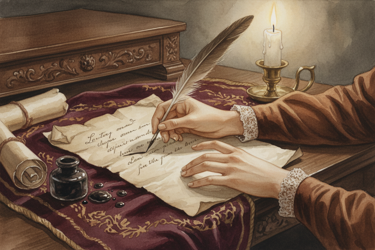 close up of a womans hands writing a letter. cozy, dark colors. watercolor illustration 1800s