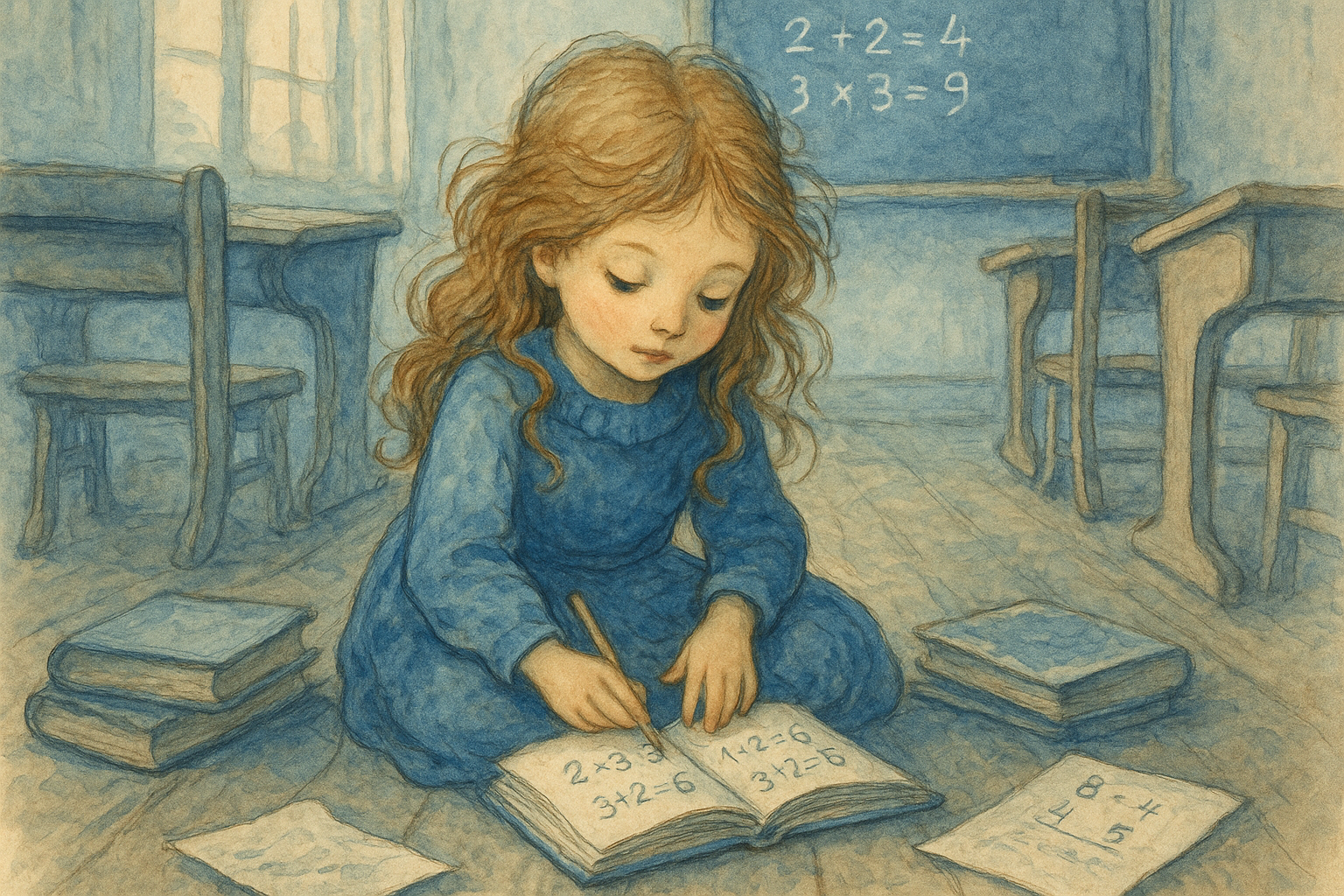 En flicka sitter på golvet i ett klassrum och räknar matematik. Gärna i gammaldags sagoboksstil och i vertikalt format i hero storlek. Blåa toner främst