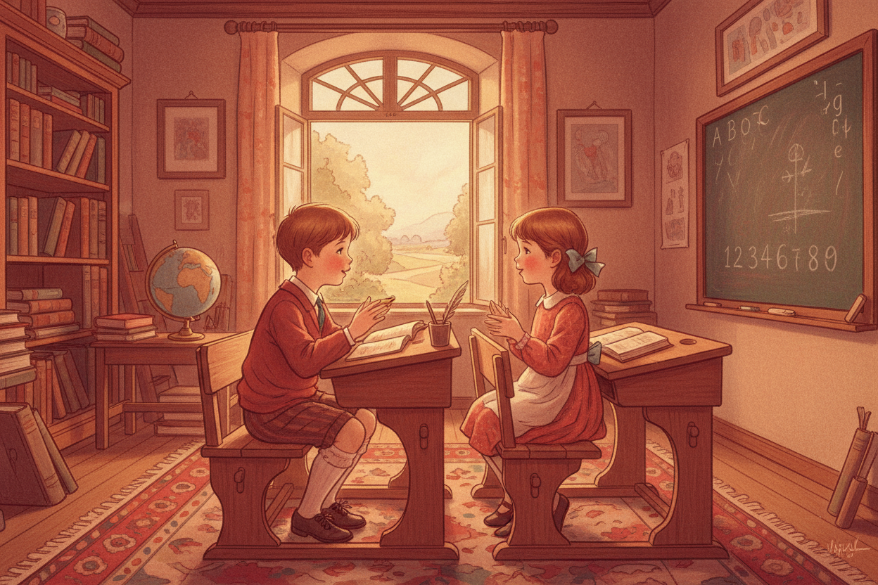 generera en bild i gammaldags sagoboksstil. röda toner, två elever i 8 års åldern lär sig prata med varandra i ett klassrum