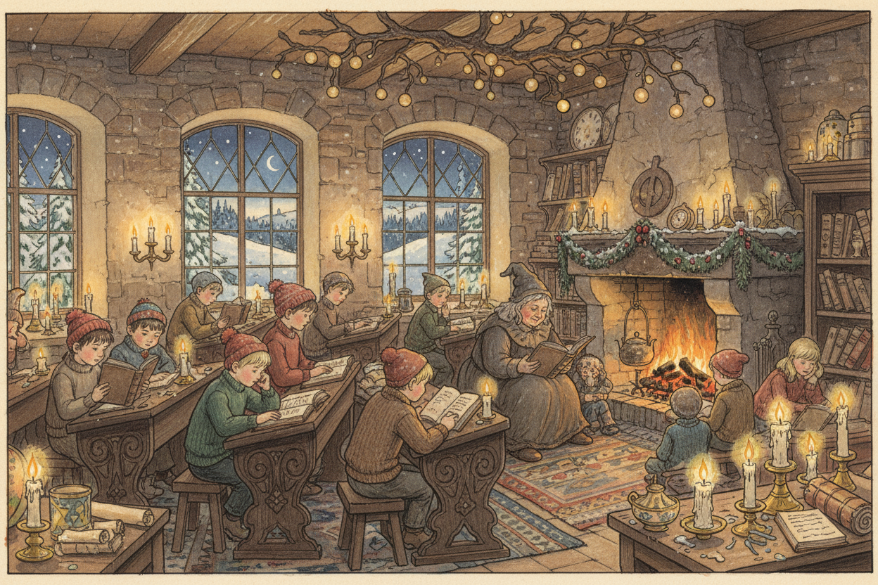 generera en hero bild där elever sitter i ett mysigt vinter klassrum. gammaldags sagoboksstil. stämningsfullt med levande ljus