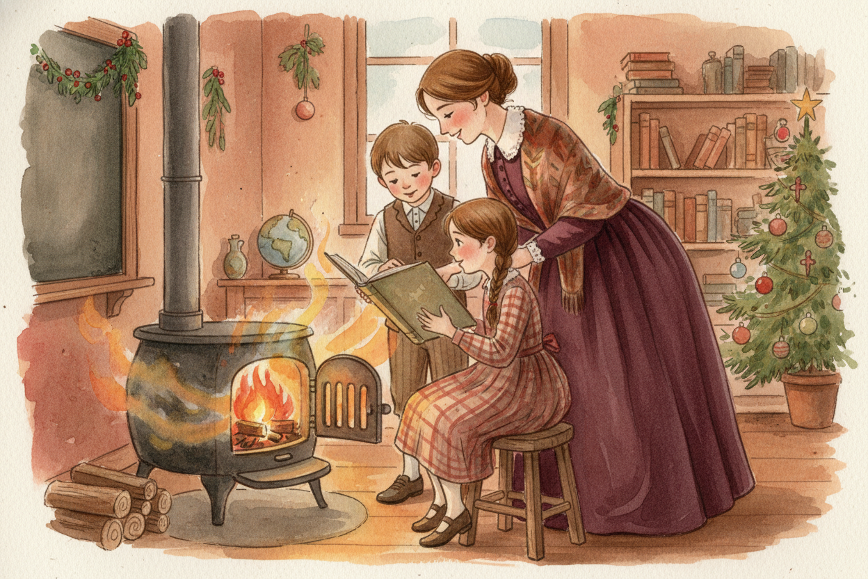 more of a natural watercolor illustration. focus on the teacher, fire and two children