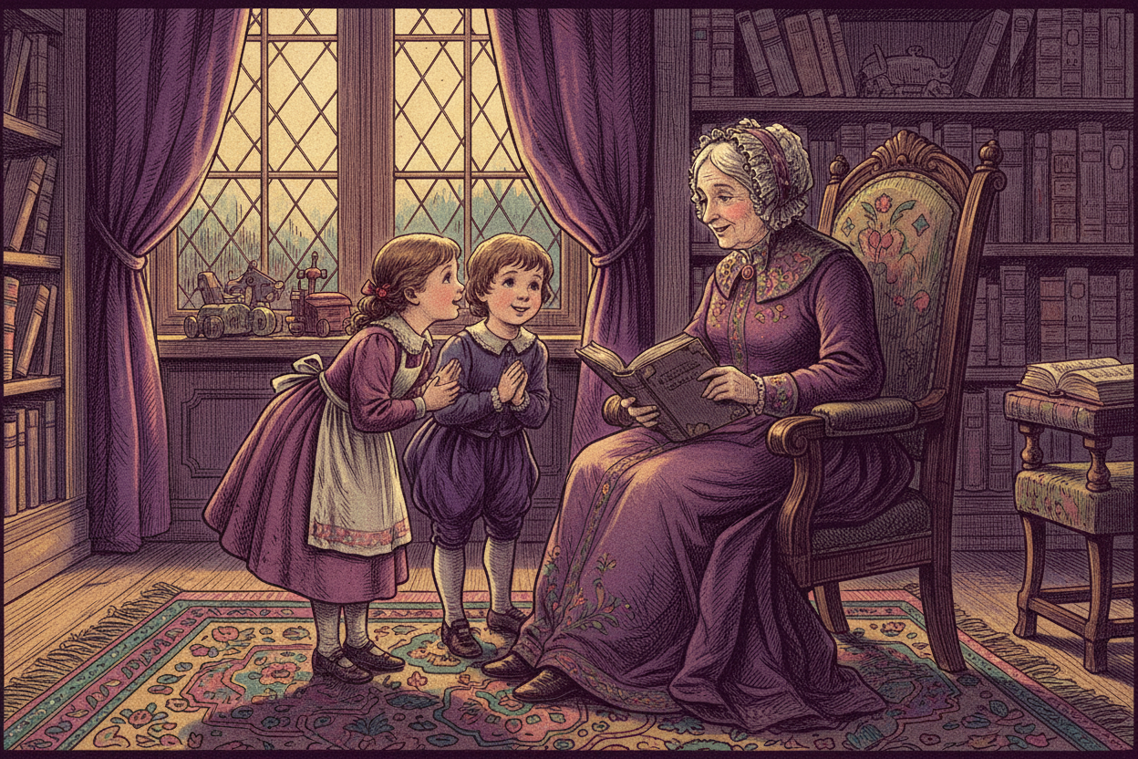two children talking to a older lady. deep purple tones